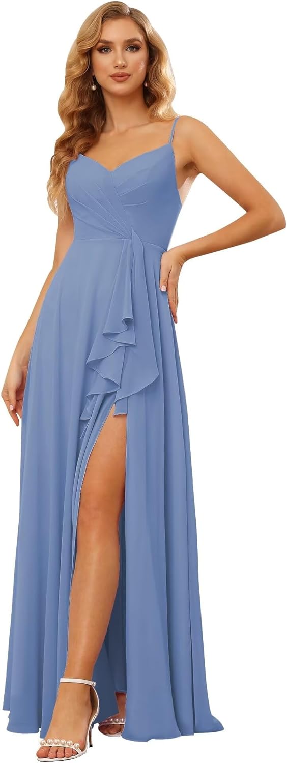 Vestidos de dama de honor largos de gasa con tirantes finos y bolsillos, vestidos formales con volantes y abertura para mujer 