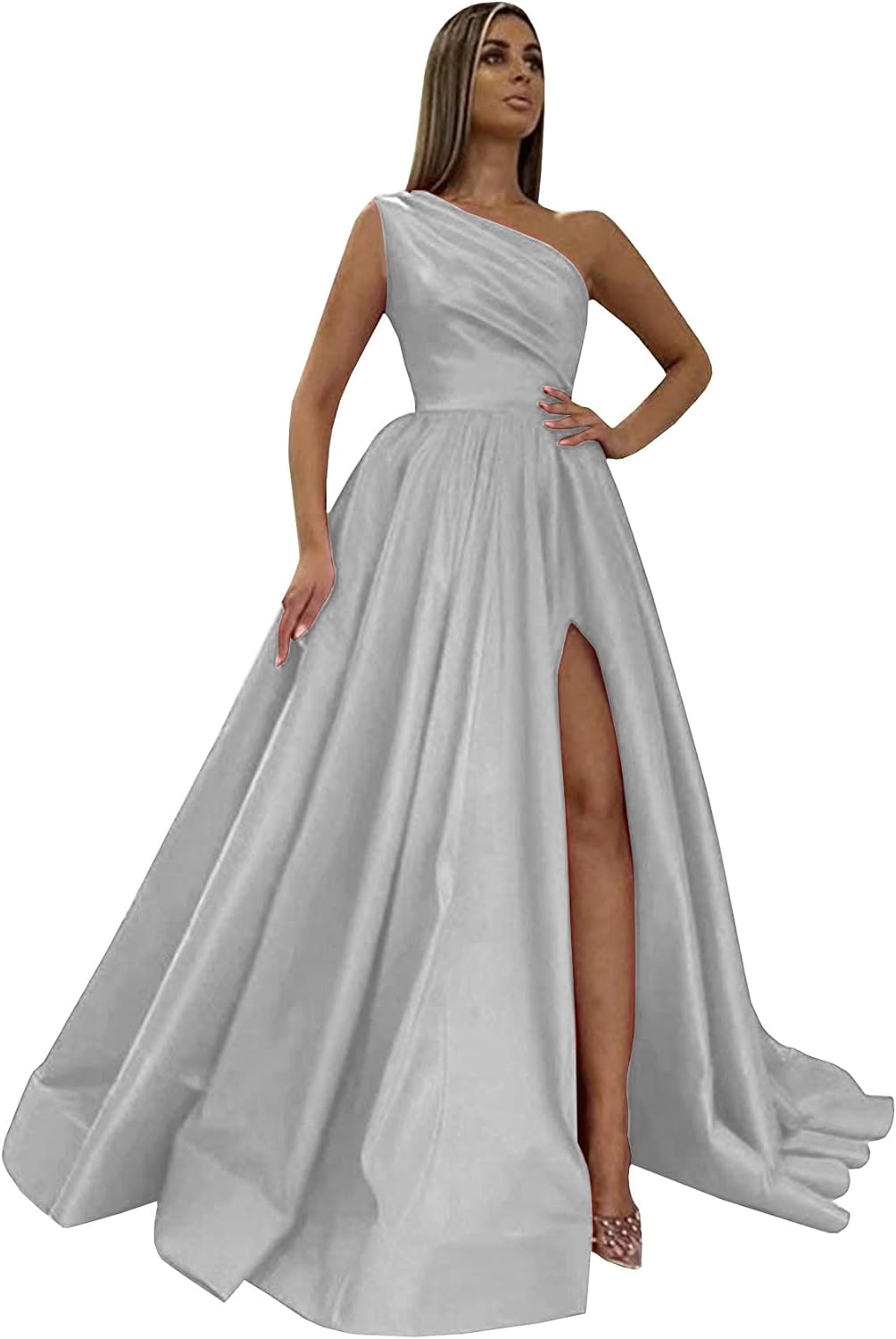 Women's One Shoulder Prom Dresses 2026 Long Slit Satin Formal Evening Gowns with Pockets
