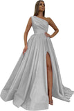 Women's One Shoulder Prom Dresses 2026 Long Slit Satin Formal Evening Gowns with Pockets