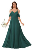 Women's Long Chiffon Bridesmaid Dresses Ruffle V Neck Formal Evening Prom Gown Spaghetti Strap Maxi Wedding Guest Dress