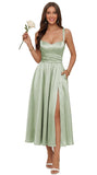 Jacquard Satin Bridesmaid Dresses for Women Spaghetti Straps A Line Tea Length Formal Dress