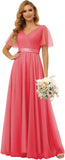 Damen Brautjungfernkleider mit Flatterärmeln, Tüll, lang, V-Ausschnitt, Empire-Taille, formelles Kleid 