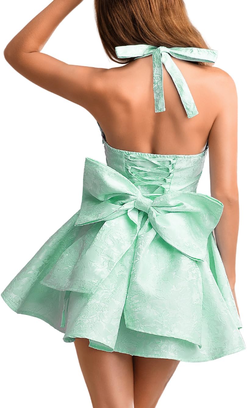 Jacquard Corset Dress,Deep V Halter Mini Dresses with Bow Back,Sexy Birthday Outfits Women Homecoming Prom Formal