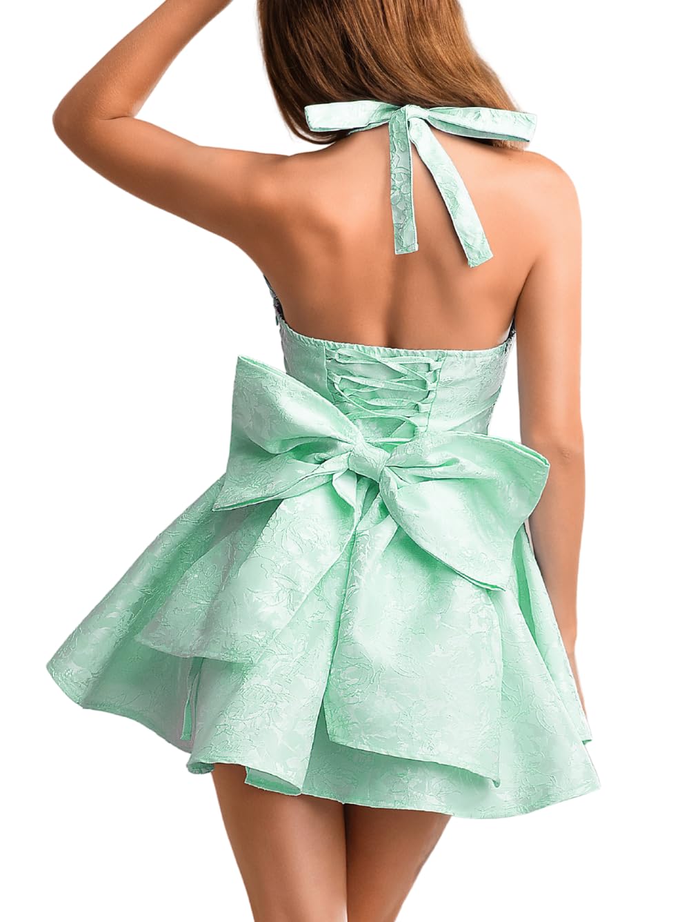 Jacquard Corset Dress,Deep V Halter Mini Dresses with Bow Back,Sexy Birthday Outfits Women Homecoming Prom Formal