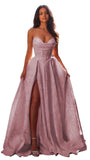Jacquard Satin Prom Dresses with Slit Strapless Corset A Line Long Formal Gowns