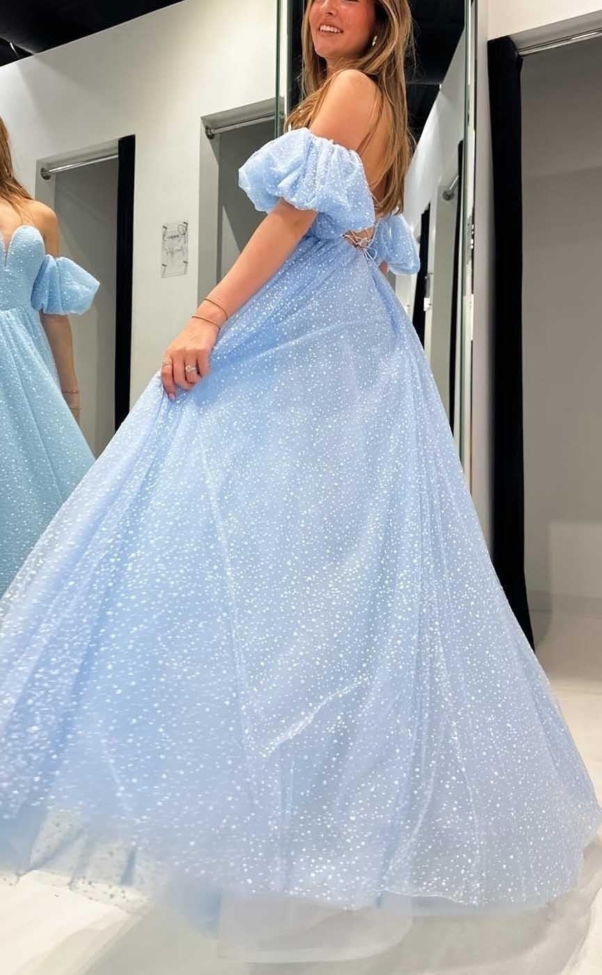 Tulle Prom Dresses for Women 2027 Sparkly Puffy Sleeves Long Ball Gowns with Slit A-Line Evening Dresses
