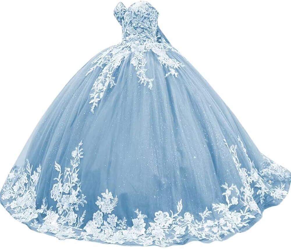 Sparkly Tulle Sweet 15 16 Quinceanera Dress Lace 3D Floral Ball Gown Strapless Puffy Prom Formal Gown