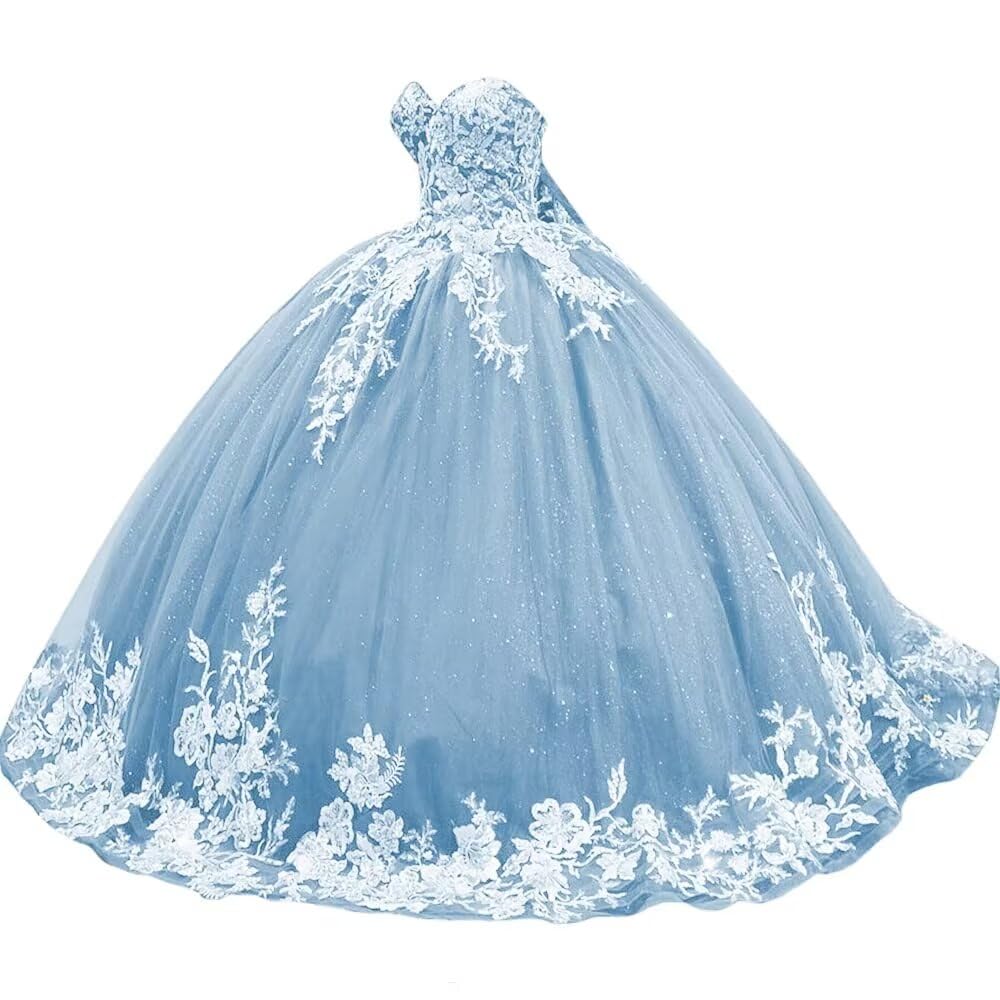 Sparkly Tulle Sweet 15 16 Quinceanera Dress Lace 3D Floral Ball Gown Strapless Puffy Prom Formal Gown