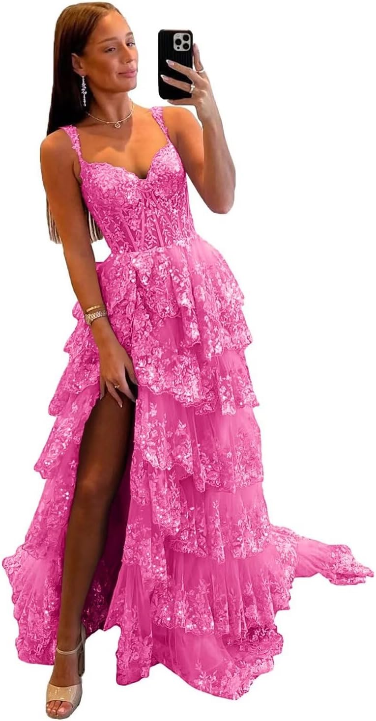 Vestido de fiesta de tul con encaje y capas, tirantes finos y abertura larga, corsé brillante, vestidos formales de fiesta de noche 