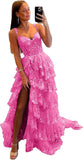 Vestido de fiesta de tul con encaje y capas, tirantes finos y abertura larga, corsé brillante, vestidos formales de fiesta de noche 