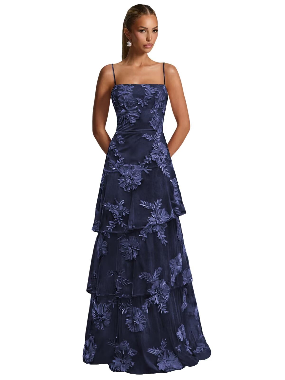 Ruffle Floral Embroidery Prom Dress Long A Line Tiered Bridesmaid Dresses Formal Evening Gowns