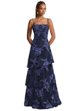 Ruffle Floral Embroidery Prom Dress Long A Line Tiered Bridesmaid Dresses Formal Evening Gowns