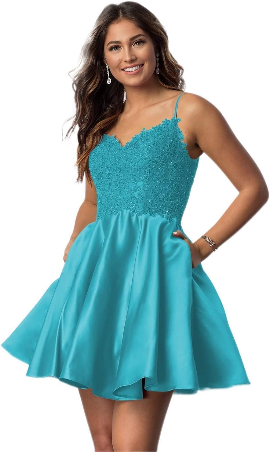 Vestidos cortos de fiesta con tirantes finos para jóvenes, con encaje, escote en V y bolsillos.