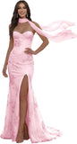 Floral Prom Dresses for Teens Strapless Mermaid Corset Tulle Formal Evening Gown with Slit Scarf