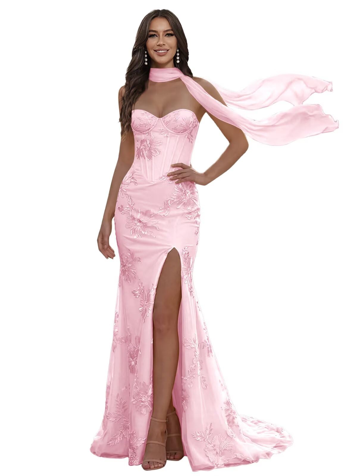 Floral Prom Dresses for Teens Strapless Mermaid Corset Tulle Long Formal Evening Gown with Slit with Scarf