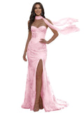 Floral Prom Dresses for Teens Strapless Mermaid Corset Tulle Formal Evening Gown with Slit Scarf