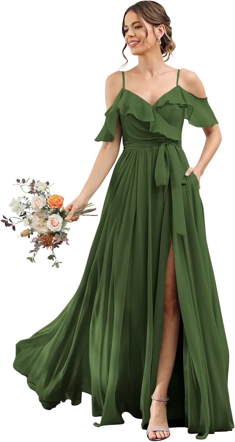 Women's Bridesmaid Dresses with Slit Long Cold Shoulder Chiffon Formal Party Dress with Pockets