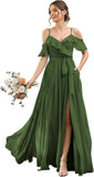Women's Bridesmaid Dresses with Slit Long Cold Shoulder Chiffon Formal Party Dress with Pockets