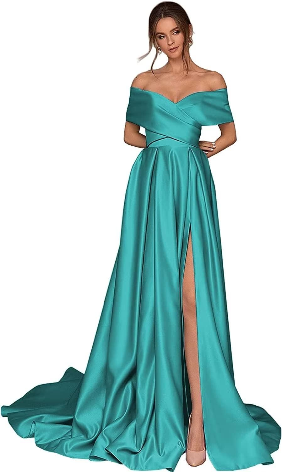Women's Off Shoulder Long Prom Dresses with Slit 2025 Satin A-Line Sweetheart Corset Formal Evening Dresses with Pockets