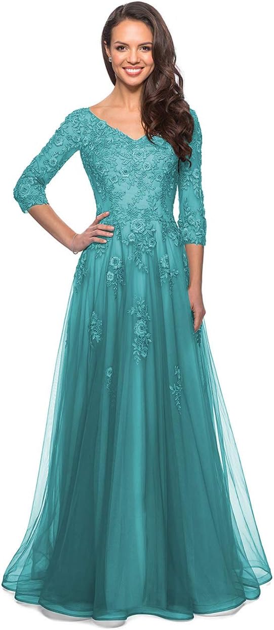 Women's Floral Lace Appliques 3/4 Sleeve Mother of The Bride Dresses Long V Neck Formal Dresses with Pockets