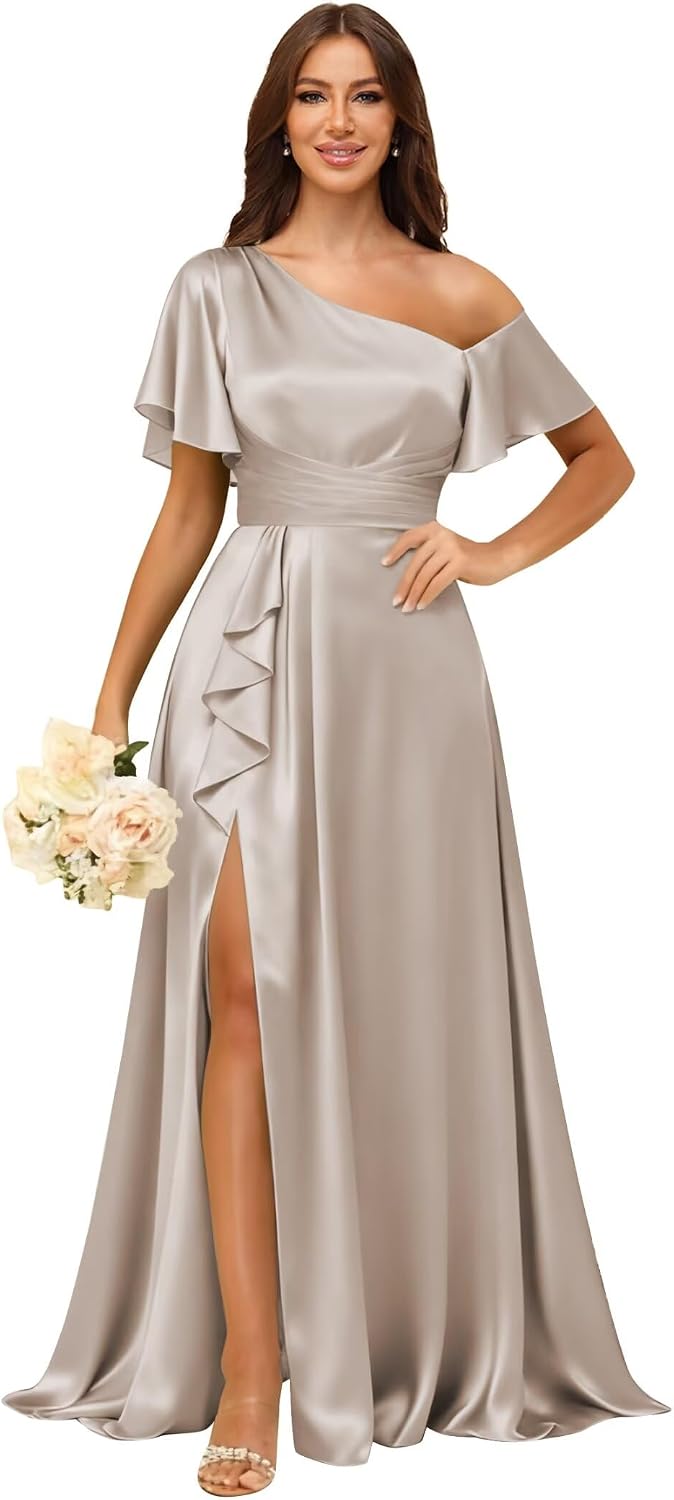 Short Sleeve Satin Bridesmaid Dresses for Women Ruffle One Shoulder Formal Evening Gowns with Slit