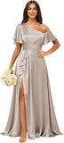 Short Sleeve Satin Bridesmaid Dresses for Women Ruffle One Shoulder Formal Evening Gowns with Slit