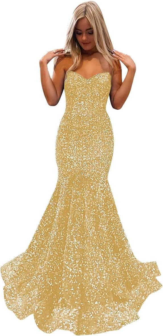 Women's Strapless Sequin Prom Dresses with Train Criss-Cross Mermaid Long Formal Evening Gowns