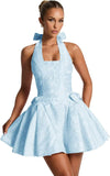 Satin Jacquard Halter Homecoming Dresses with Bow for Teens Mini A-Line Puffy Cocktail Corset Evening Party Gown