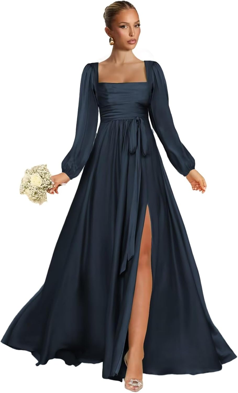 Satin Bridesmaid Dresses with Slit Long Sleeve Square Neck A Line Maxi Formal Dress