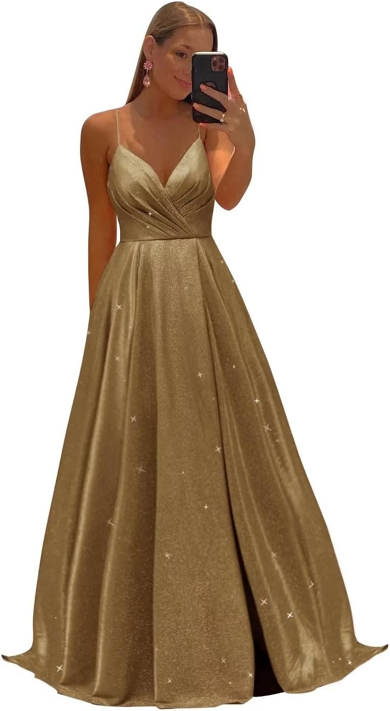 Women's Spaghetti Straps Prom Dresses Long V-Neck Sparkling Bridesmaid Dresses Formal Evening Gowns with High Slit
