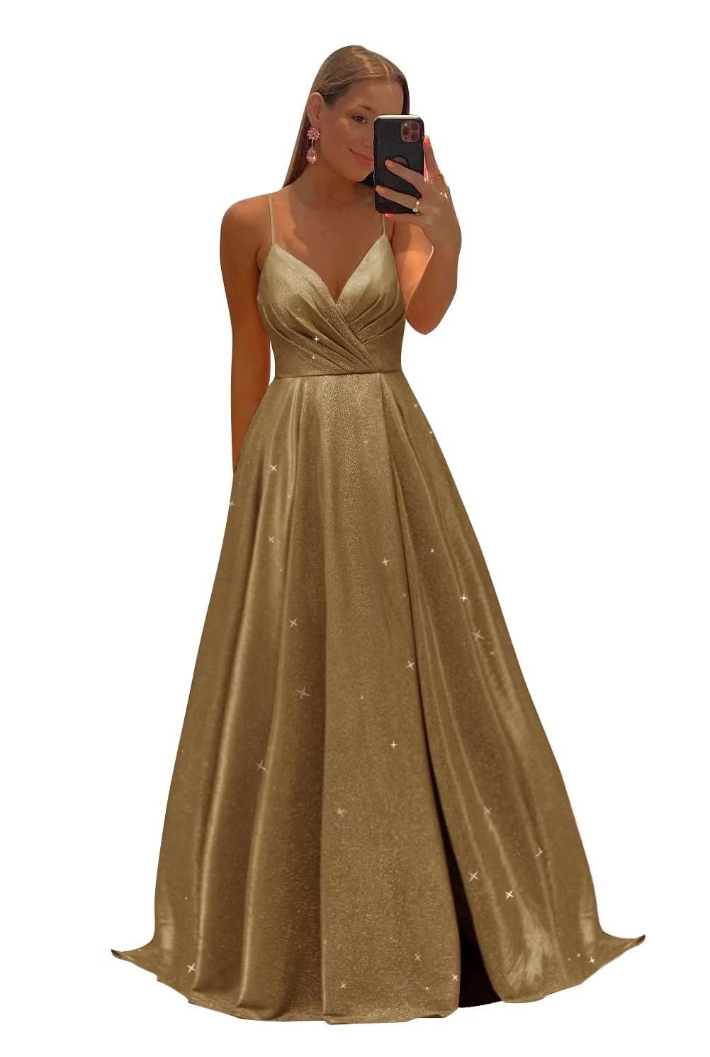 Women's Spaghetti Straps Prom Dresses Long V-Neck Sparkling Bridesmaid Dresses Formal Evening Gowns with High Slit