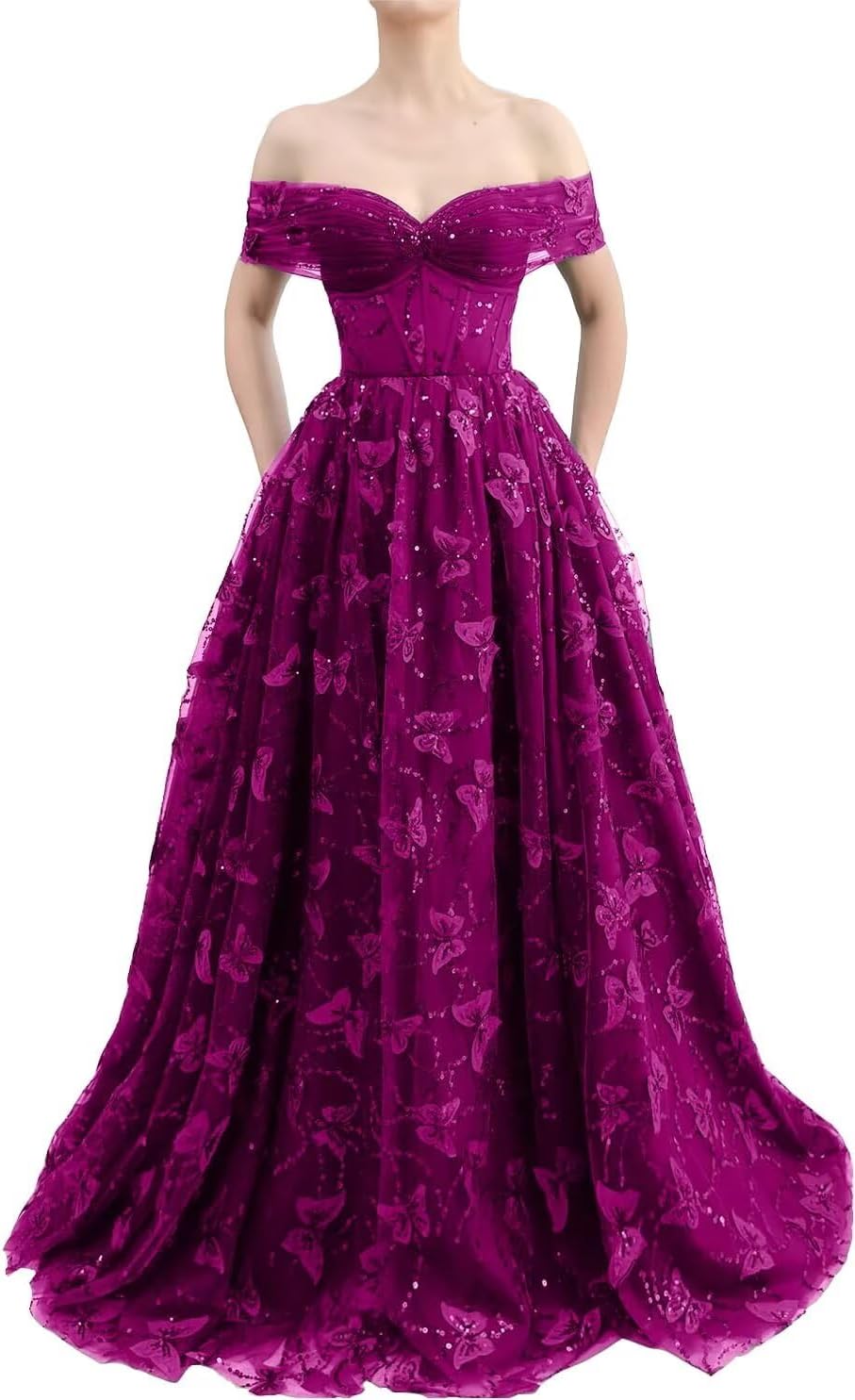 Sparkly Off Shoulder Tulle Prom Dresses with Butterfly Appliques Long A Line Formal Evening Party Gowns for Women