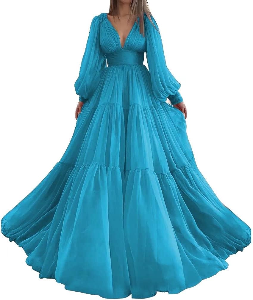Langes Ballkleid mit Puffärmeln, Tüll, Ballkleid für Damen, Brautkleider, V-Ausschnitt, formelle Abendkleider