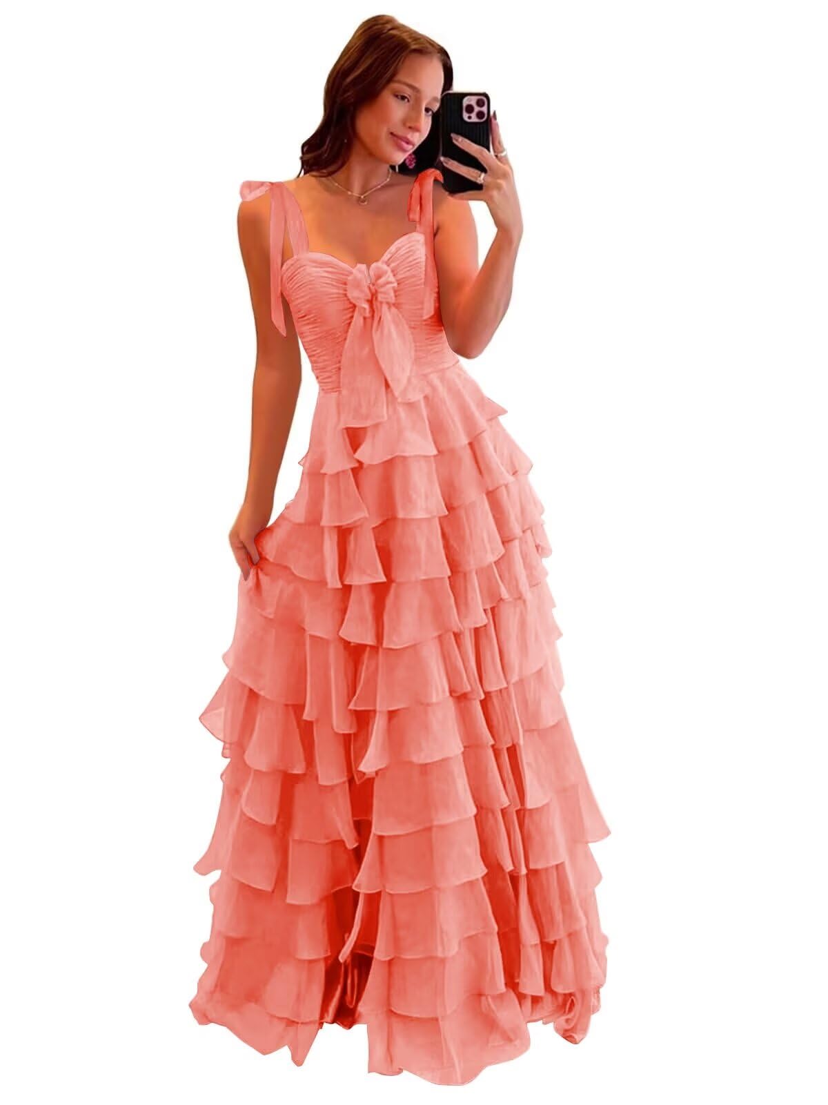 Tiered Prom Dresses with Bow Long A-Line Chiffon Formal Evening Dress for Women Spaghetti Straps Slit Ball Gown