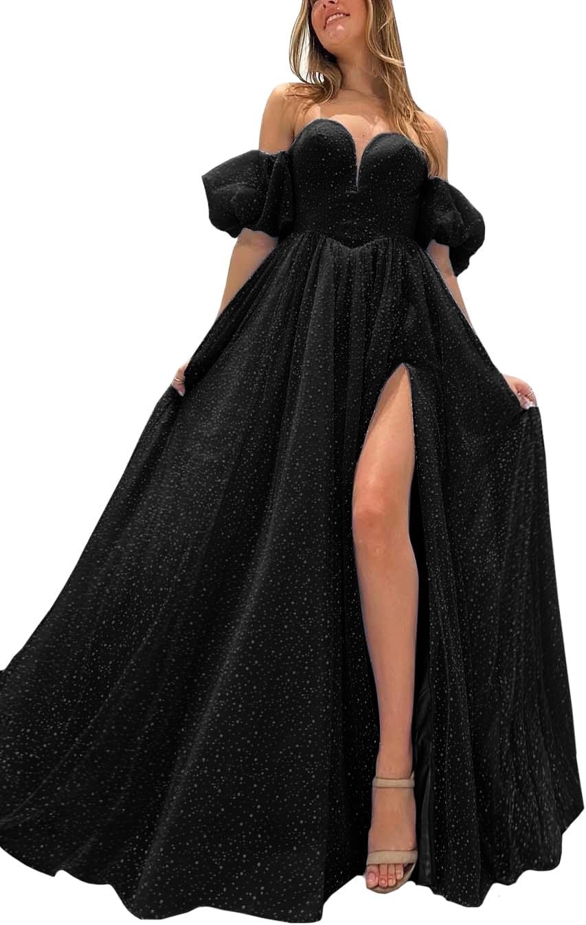 Tulle Prom Dresses for Women 2027 Sparkly Puffy Sleeves Long Ball Gowns with Slit A-Line Evening Dresses