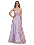 A-Line/Princess Thin Straps Elegant Formal Dress Floor-Length Tulle Sleeveless Evening Gown Prom Dress Appliques Slit