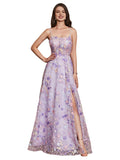 A-Line/Princess Thin Straps Elegant Formal Dress Floor-Length Tulle Sleeveless Evening Gown Prom Dress Appliques Slit