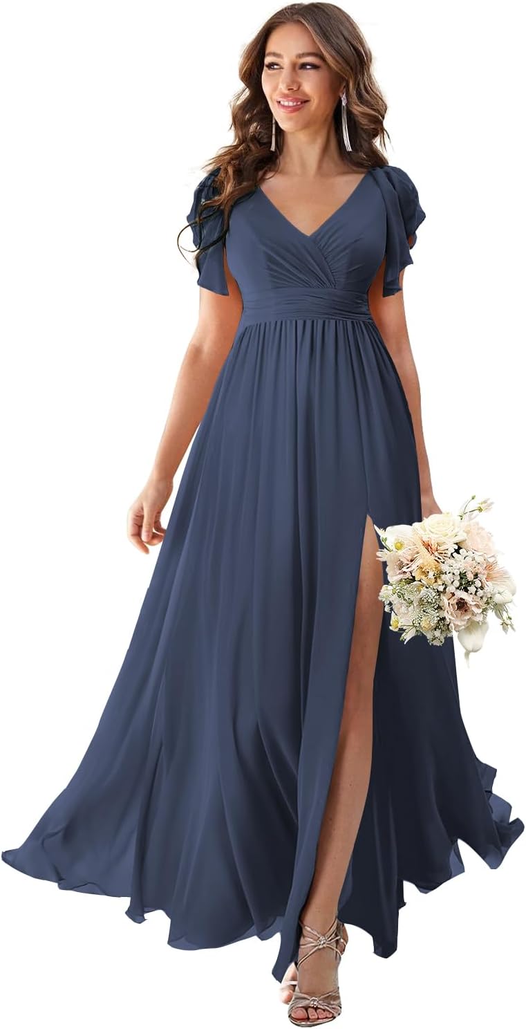 V Neck Flutter Sleeves Bridesmaid Dresses with Slit 2025 Chiffon Aline Pleats Formal Evening Gowns for Women