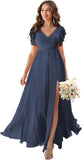 V Neck Flutter Sleeves Bridesmaid Dresses with Slit 2025 Chiffon Aline Pleats Formal Evening Gowns for Women
