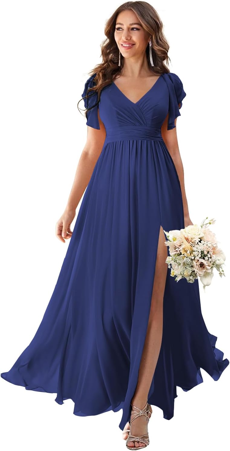 V Neck Flutter Sleeves Bridesmaid Dresses with Slit 2025 Chiffon Aline Pleats Formal Evening Gowns for Women
