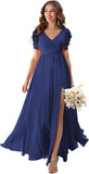 V Neck Flutter Sleeves Bridesmaid Dresses with Slit 2025 Chiffon Aline Pleats Formal Evening Gowns for Women