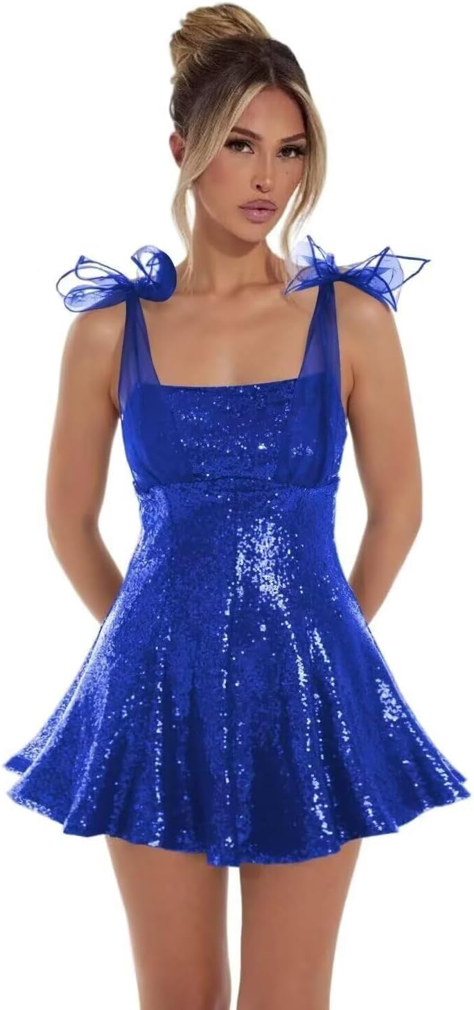 Sparkly Sequin Homecoming Dresses for Teens 2027 Spaghetti Strap Short Prom Dress with Bow Glitter Tulle Cocktail Party Gown