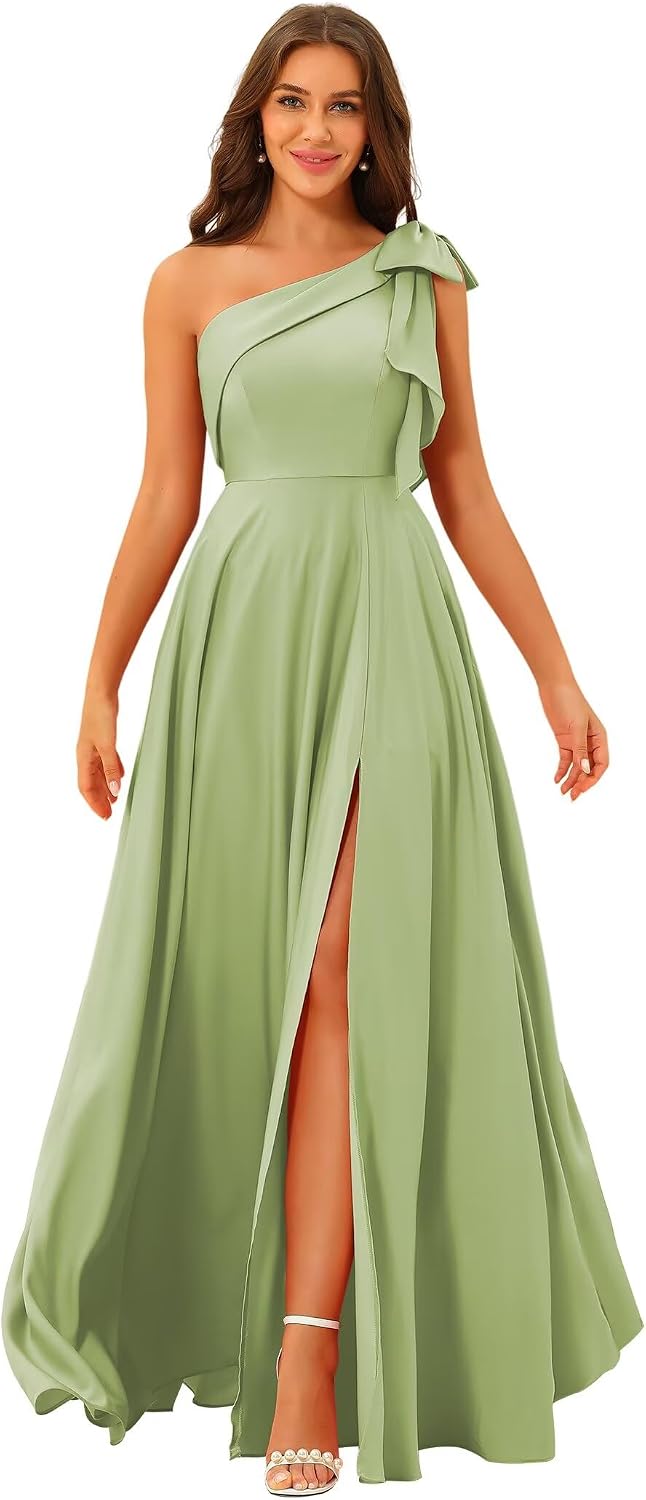One Shoulder Bridesmaid Dresses Long for Women Satin Formal Gown Wedding Guest Dress
