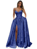 Satin Spaghetti Straps Prom Dresses for Women Jacquard Aline Backless Formal Evening Party Ball Gowns with Pockets