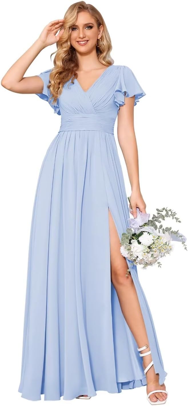 Flutter Sleeves Split Bridesmaid Dresses with Slit Long V Neck Empire Waist Formal Dress for Women Wedding