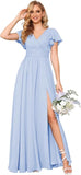 Flutter Sleeves Split Bridesmaid Dresses with Slit Long V Neck Empire Waist Formal Dress for Women Wedding