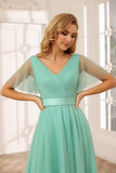 Damen Brautjungfernkleider mit Flatterärmeln, Tüll, lang, V-Ausschnitt, Empire-Taille, formelles Kleid 