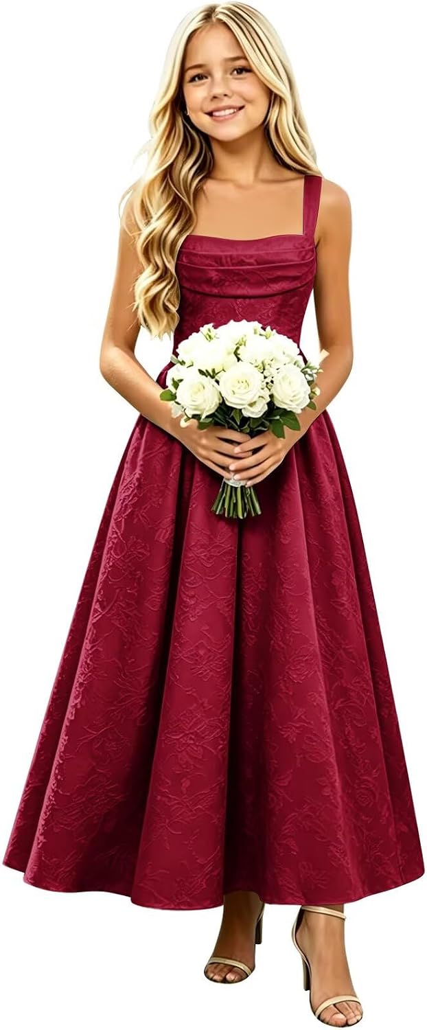 Girls Floral Satin Jacquard Junior Bridesmaid Dresses Long Ruched Flower Girl Dress for Wedding