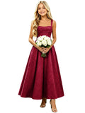 Floral Satin Jacquard Junior Bridesmaid Dresses Long Ruched Flower Girl Dress for Wedding