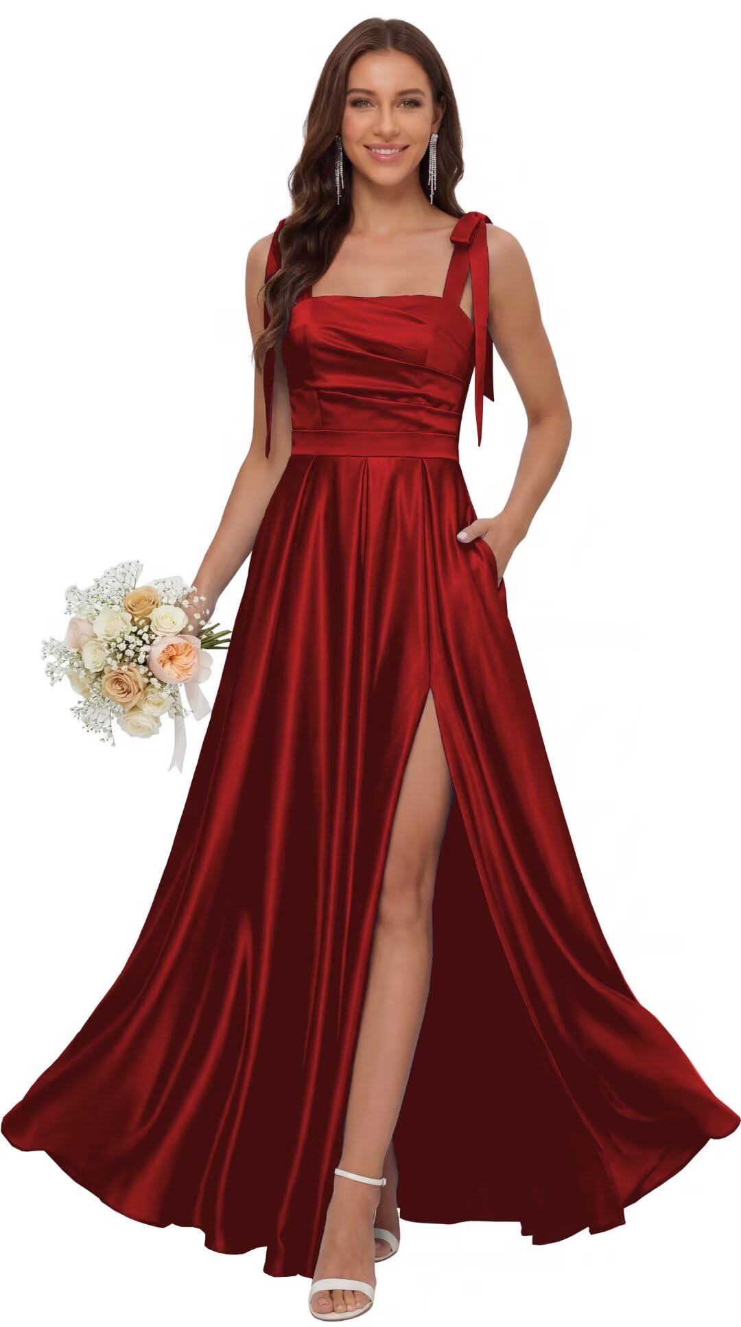Satin Bridesmaid Dresses with Slit Spaghetti Straps Square Neck Long Formal Dress